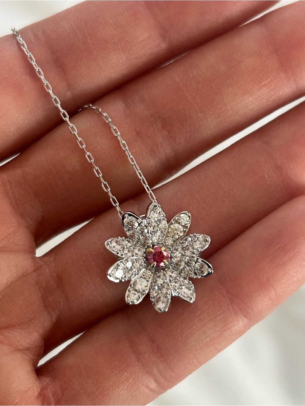 Swarovski Floral Pendant Necklace w/ Pink Stone